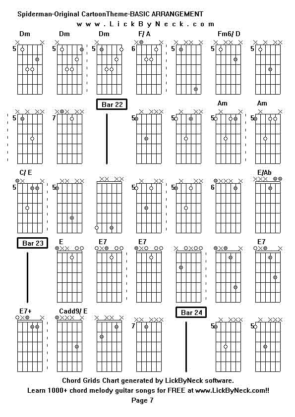 Chord Grids Chart of chord melody fingerstyle guitar song-Spiderman-Original CartoonTheme-BASIC ARRANGEMENT,generated by LickByNeck software.